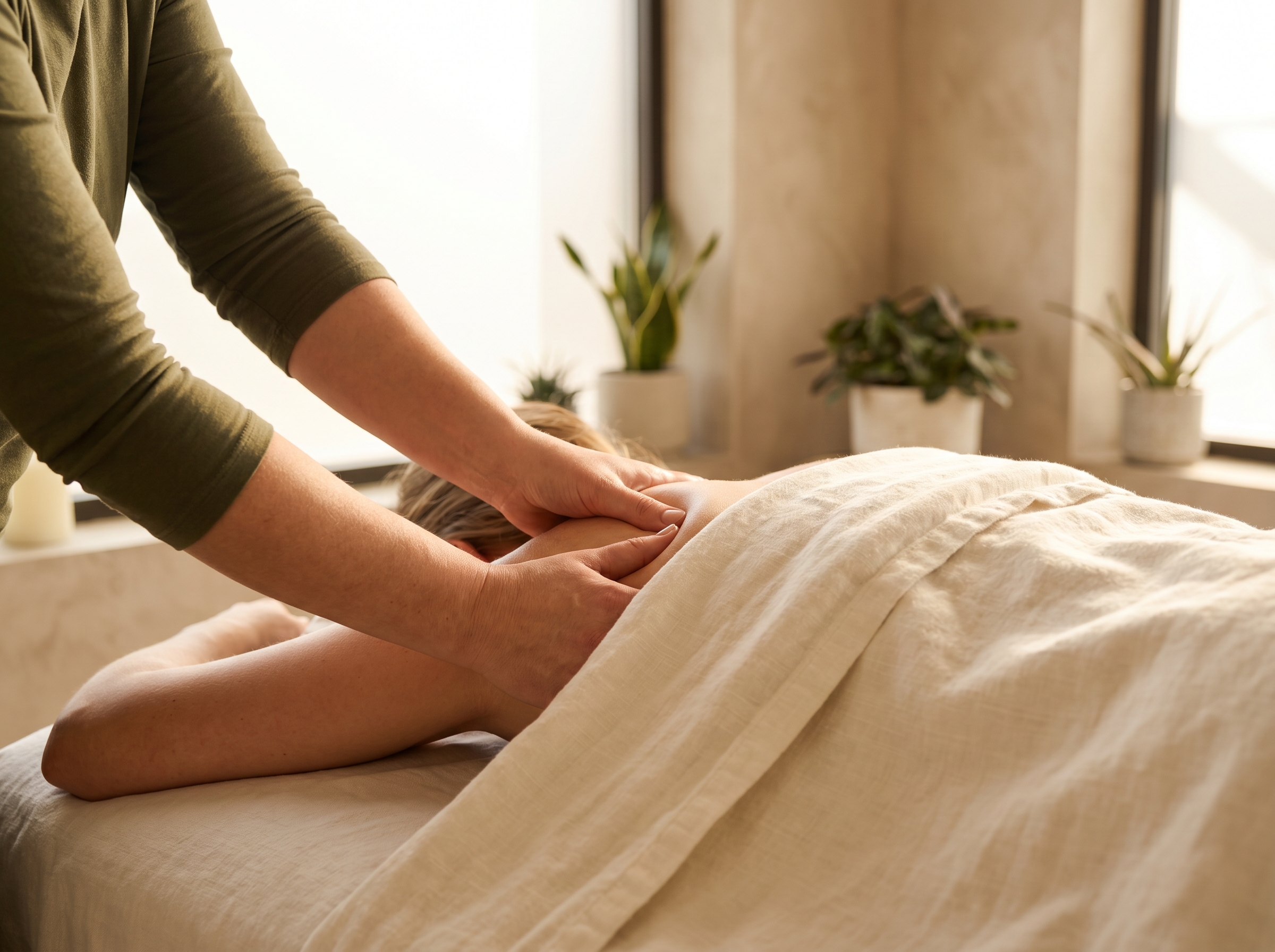 Manos de terapeuta trabajando tensión muscular en hombros